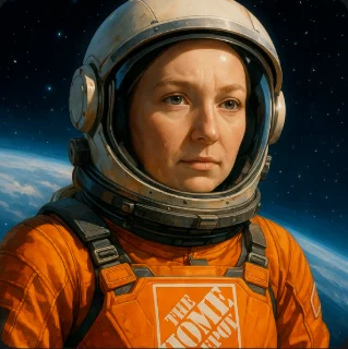 Jill Levenson, in an orange astronaut suit